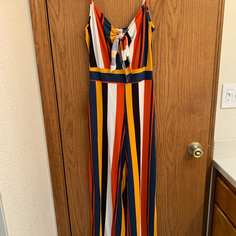 Striped keyhole flared jumpsuit